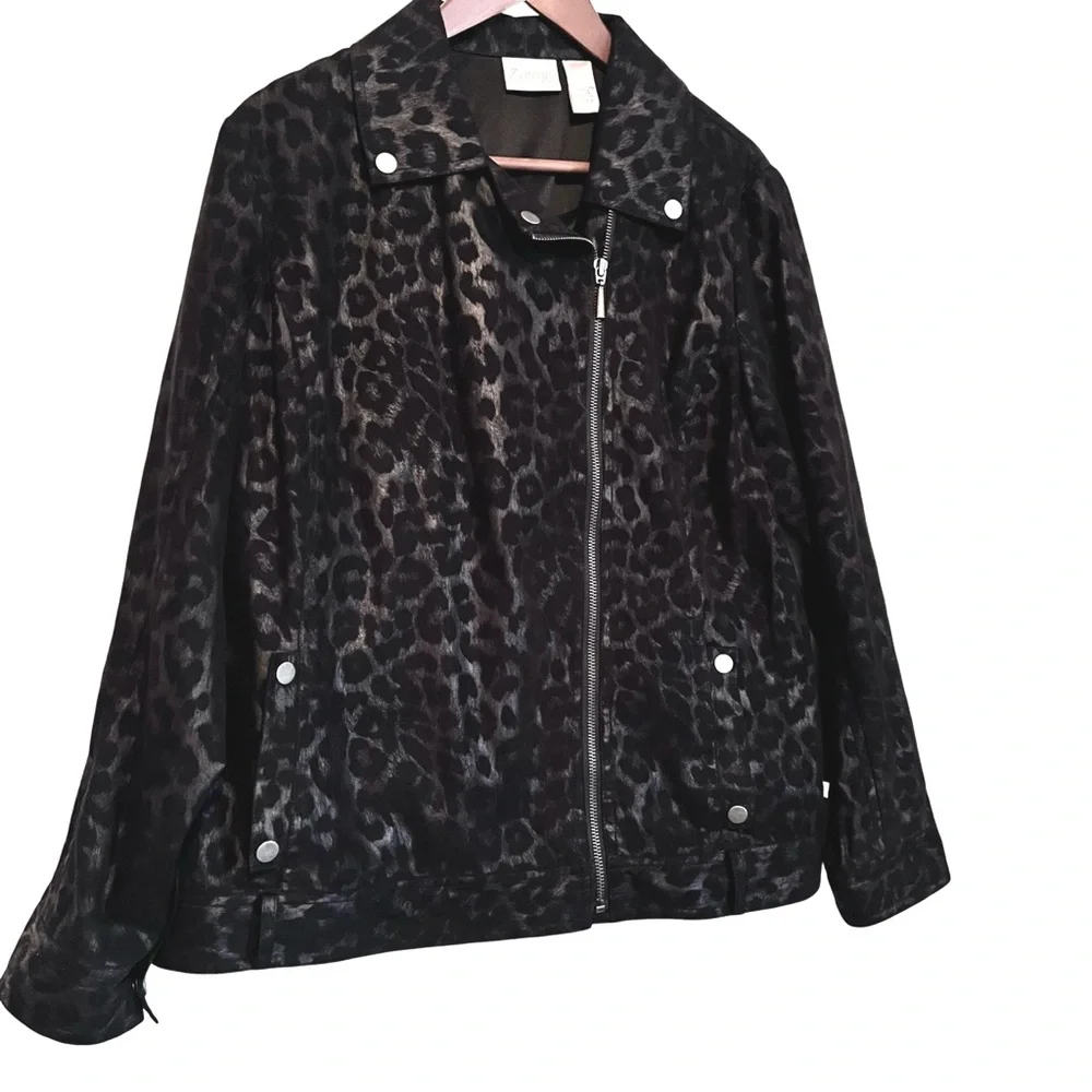 Stylish Black and Gray Leopard Print Zip Up Jacket - Picture 3 of 7